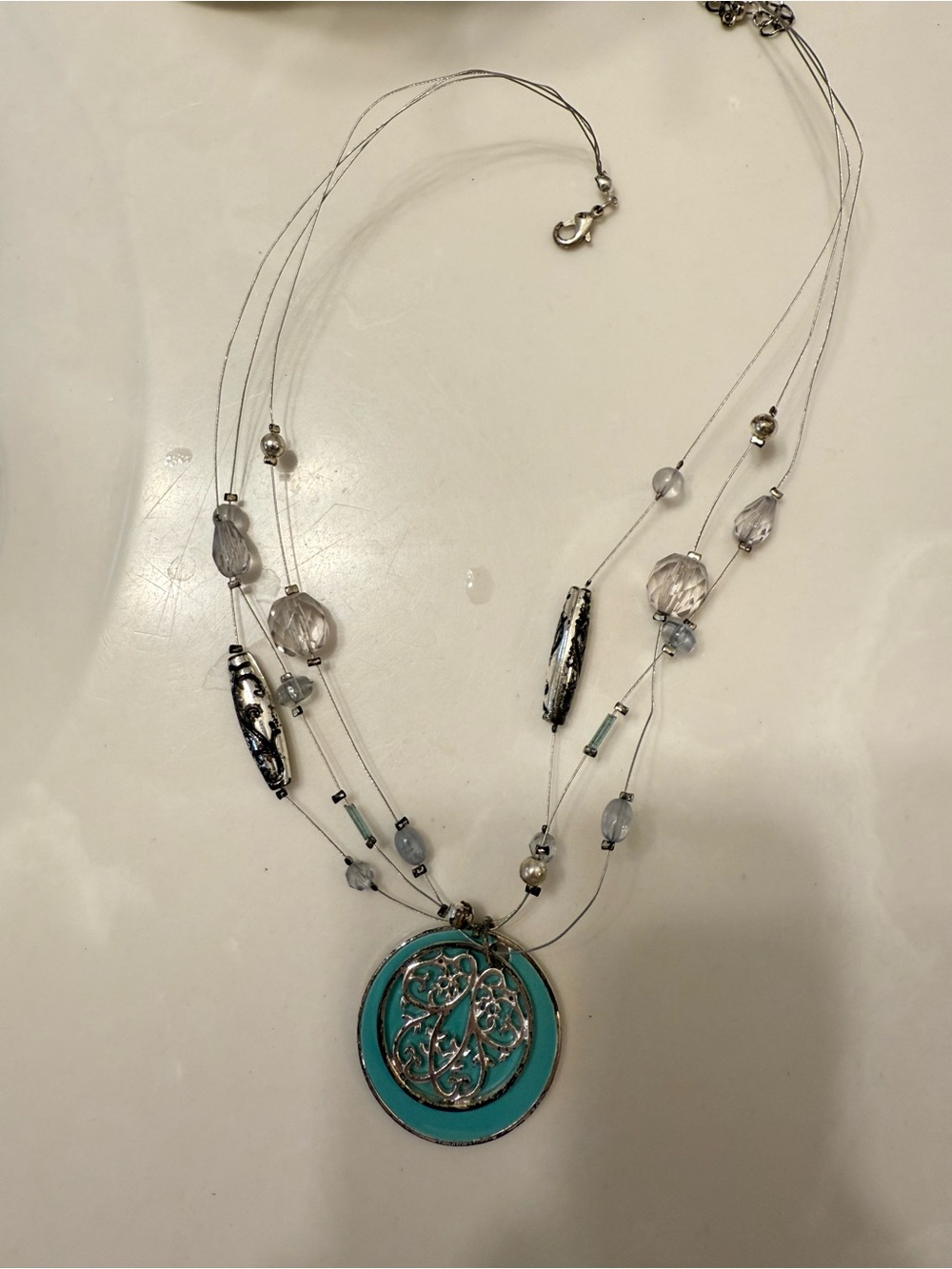 Turquoise Enamel Filigree Multi-Strand Pendant Necklace